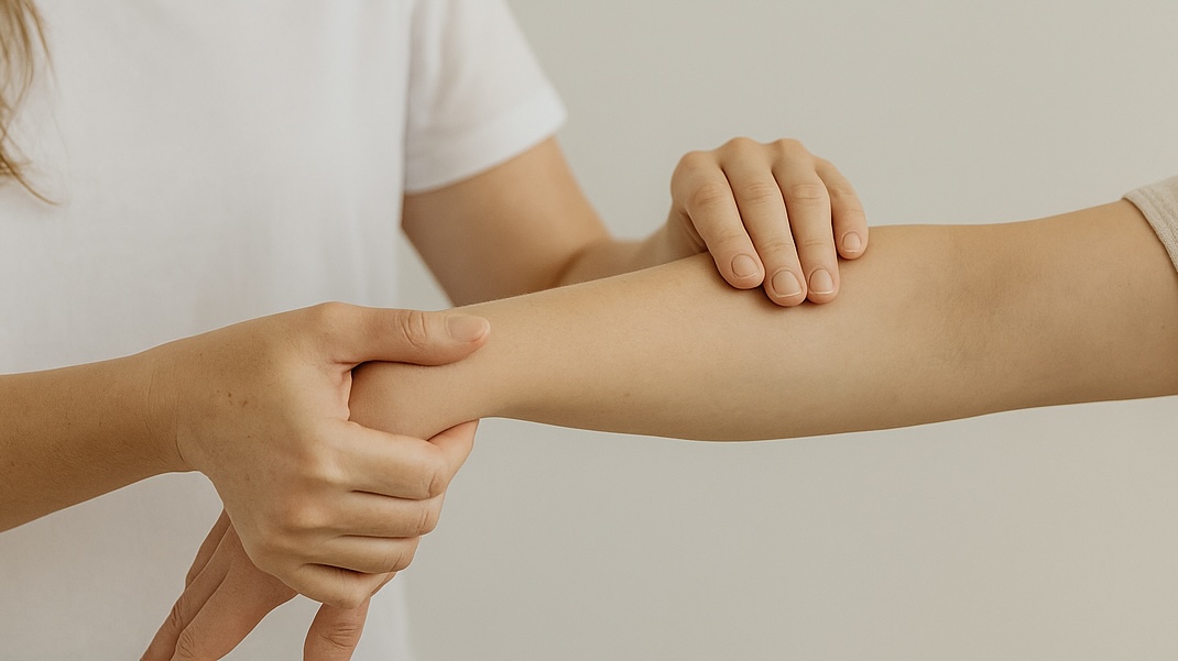Sarah Nichols gently muscle testing a client's arm during kinesiology