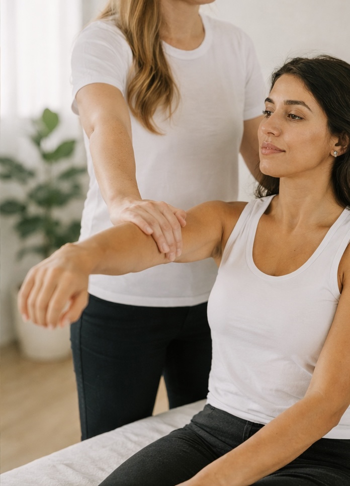 Close-up of kinesiology muscle testing during a calm client session